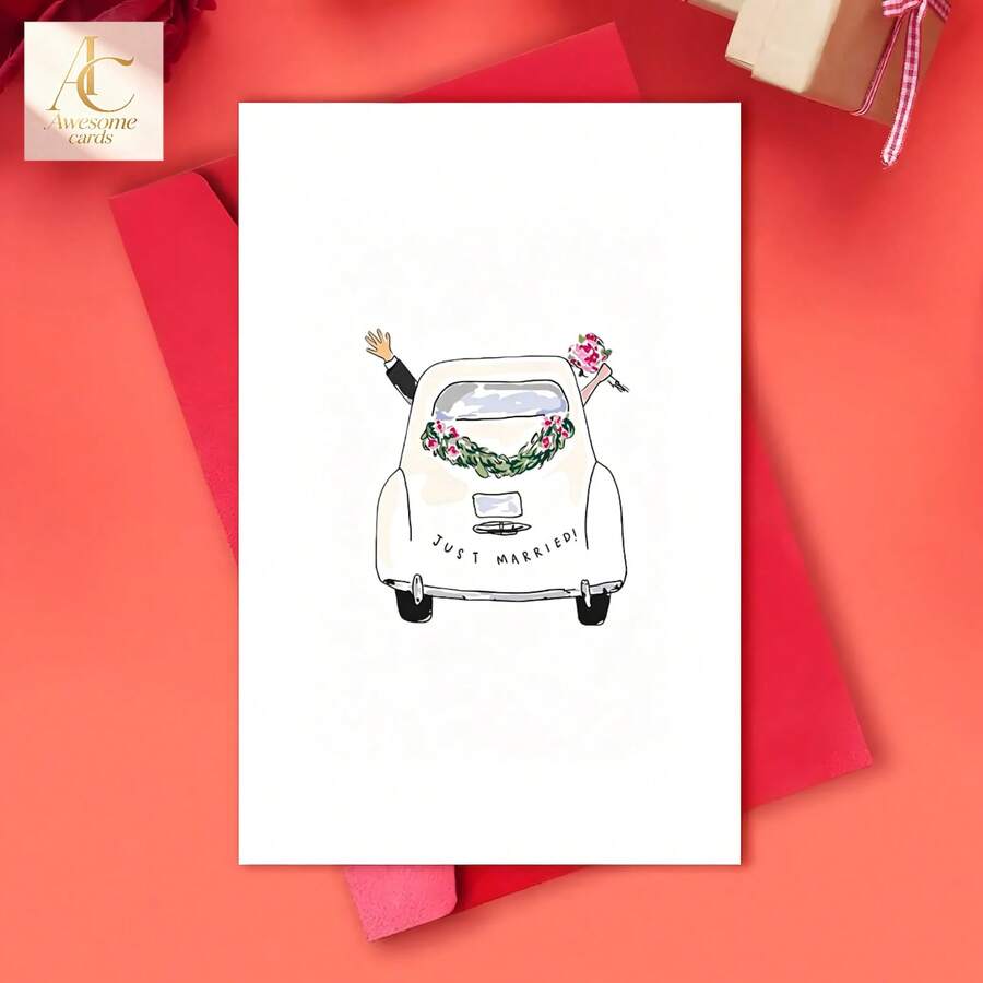 This Sweet Just Married Wedding Greeting Card Displays Hand Drawn Newlywed Getaway Car Decorated With Flower Wreath, Thick Premium Paper With Blank Inside For Writing Warm Personal Messages, - One Size Fits All - View 1
