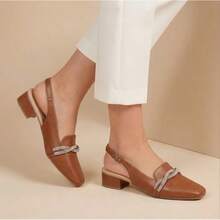 Sapato Feminino Moda Salto Baixo Bloco Slingback Bico Quadrado Strass Brilho Confortável Elegante - Caramelo - Visão 4
