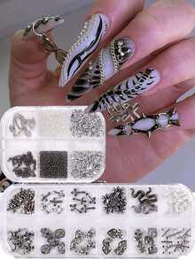 2 Boxes Gothic Halloween Metal Nail Art Charms, Snake Skull Cross Rivet, Silver Black Caviar Beads Rhinestone Chain, Punk Nail DIY Decoration - Multicolor - View 5