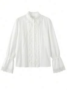 Blus Wanita Lengan Panjang Kerah Tegak Motif Renda Patchwork Modis Elegan Atasan Kasual Longgar Warna Putih - Putih - View 3