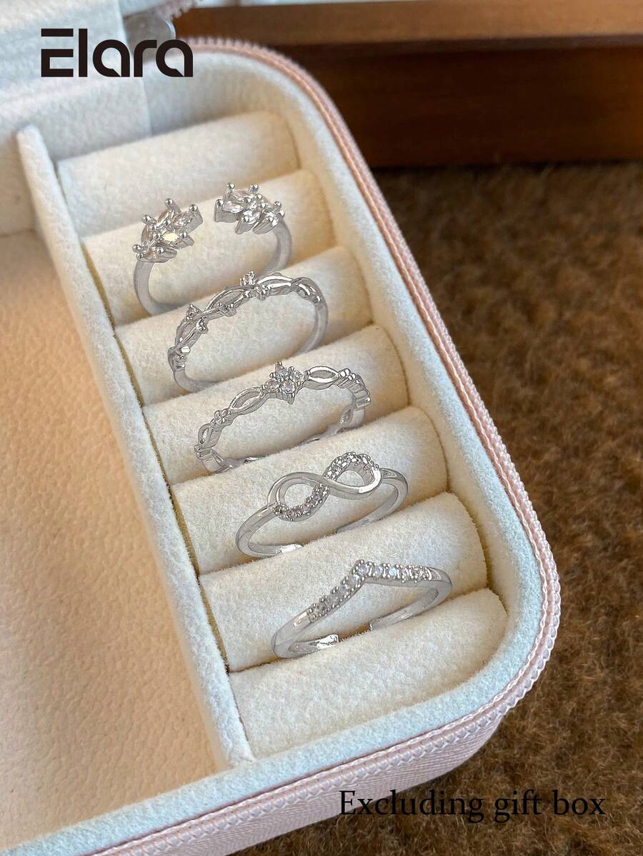 Juego de 5 anillos abiertos de cobre con flor de circonita cúbica dulce y símbolo de infinito, adecuado para mujeres en vacaciones y bodas (Caja de regalo no incluida)