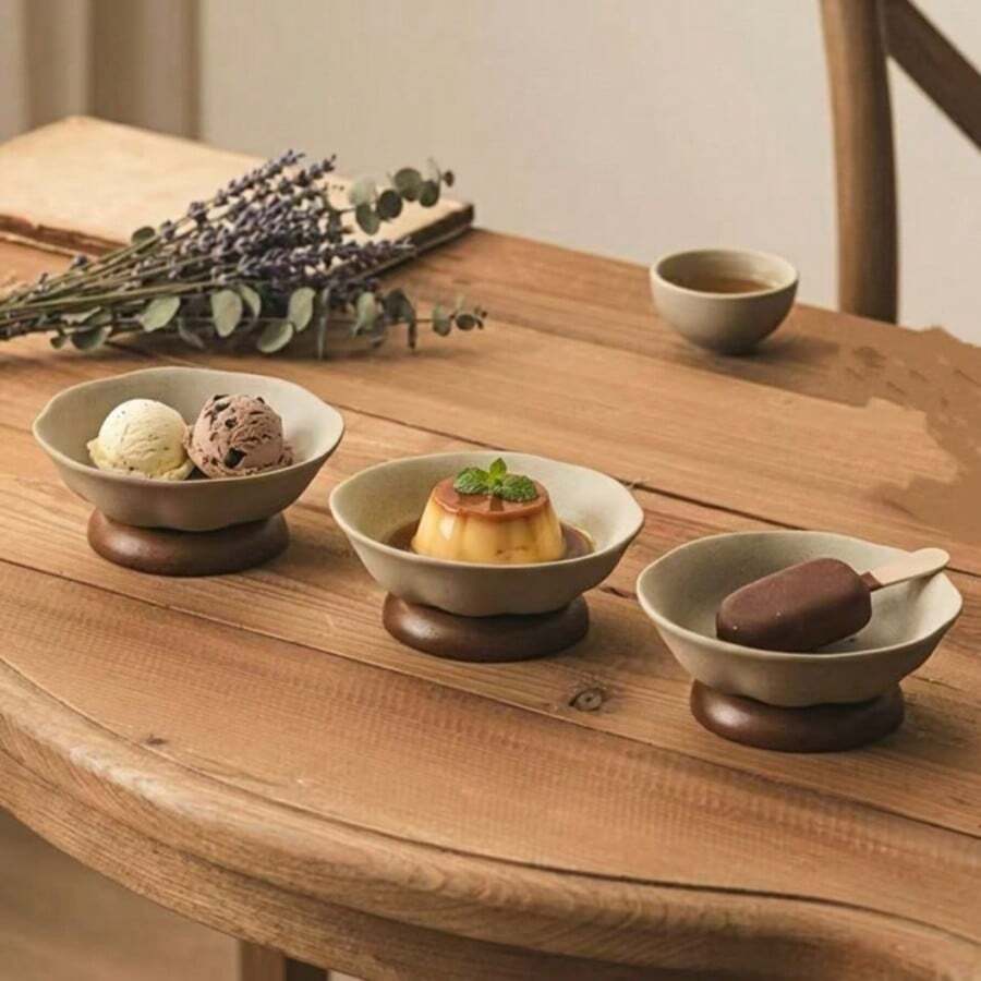 1 buah Cangkir Es Krim Keramik Kasar Bergelombang Gaya Vintage 12cm dengan Alas Kayu Solid, Cangkir Yogurt Kreatif, Mangkuk Puding dan Camilan, Piring Sajian Makanan Penutup, Dekorasi, Cocok untuk Rumah, Restoran, Pesta, dan Lainnya - Tembikar+coklat - View 1