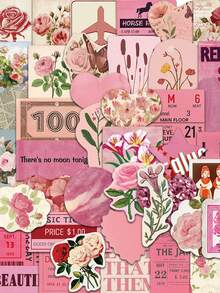 50 peças/Conjunto Adesivos de Flores de Desenho Animado Estética Rosa Retrô, Decalques Decorativos para Laptop, Guitarra, Telefone, Papelaria, Bagagem, Caderno - Multicolorido - Visão 2