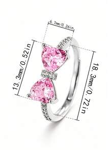 1 buah Cincin Terbuka Berbentuk Hati Warna Pink dengan Hiasan Pita Kristal, Cincin Jari Bertabur Berlian Imitasi Warna Perak yang Dapat Disesuaikan dan Dapat Ditumpuk, Perhiasan Wanita - Perak - View 2