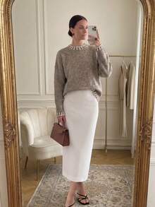 ODALIA Women's Mature Elegant Style, Women's V-Neck Knit Sweater, Decorated With White Contrast Knit Trim, Long Straight Sleeves, Regular Length, High Elasticity Daily Top, Fall Casual 2026 New Arrival, Fall Top, Women's Autumn/Winter Clothing, Women's Elegant Top, Fall Clothing, Back To School Season - Khaki - View 2