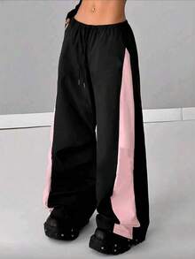 Women's Fashion New Colorblock Letter Patchwork Drawstring Casual Pants, Suitable For Spring, Summer, Autumn And Winter, Daily, Home, Vacation, Loose, Sporty, Versatile, Slimming, Straight Leg, Relaxed, Dance, Cargo Pants - Black and Pink - View 2