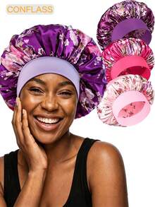 CONFLASS 4pcs Multicolor Floral Satin Sleep Cap Set, Women's Elastic Wide Band Hair Cap, Women's Wide Band Satin Sleep Cap, Suitable For Hair Beauty, Care, Chemotherapy, Curly Hair, Random Color Delivery - Multicolor - View 12