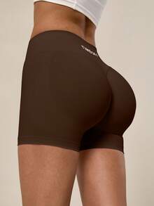 TimeOff Women's 1pc Solid Color High Waist Ribbed Waistband Ruched Back Athletic Shorts - Mocha Brown - View 8