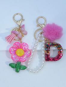 1pc Resin Starry Sky Epoxy Letter Keychain With Black Fur Ball Tassel Decor, Heart Pendant Gift For Friend And Mom - Hot Pink - View 6