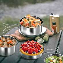 18/8 Stainless Steel Camping Cook Pot Set Of 4 Pcs, Camping Messware Kit, Camping Cooking Set, Camping Cookware - Slivery - View 7