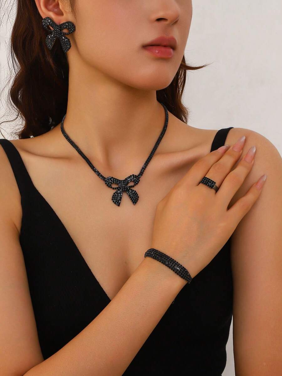 4件組新款女款蝴蝶婚禮項鍊珠寶套組，適合宴會與婚禮場合 - 黑色 - 查看 1