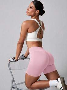 1pc Women's Ribbed Solid Color Seamless Bodycon Sports Shorts, Butt-Lifting Ruched Outdoor Athletic Shorts For Running, Fitness, Cycling, Workout Pink - Pink - View 4