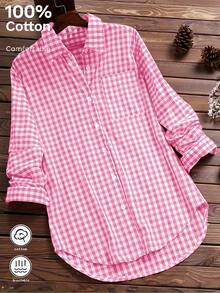 Camisa de punto de manga larga con cuello vuelto y botones, estilo vintage literario elegante casual para mujer, a cuadros, rosa, para otoño, oficina, uso diario, vuelta al cole y universidad - Rosa - Ver 3