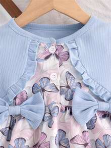Autumn/Winter Butterfly & Floral Element Patchwork Bow Decor Long Sleeve Dress For Baby Girls - Multicolor - View 4