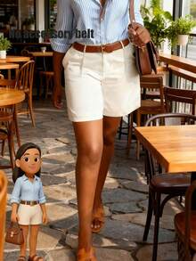 Summer Solid Color Minimalist Slant Pocket Shorts, Suitable For Teachers Back To School White - White - View 5