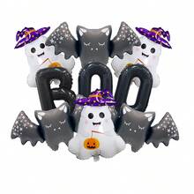 Halloween-Themed Cute White Ghostly Balloons Set, Paired With Black "BOO" Ghost Bat Foil Balloons. These Are Perfect Decorations For Halloween Parties And Graduation Seasons. - Balloon Set - View 7