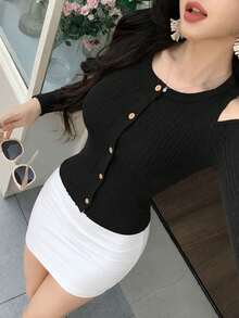 2026 Hot Girl Style Off-Shoulder Knitted Cardigan, Elastic Knit Fabric Slimming Cardigan For Women 18-35 Years Old Black - Black - View 7