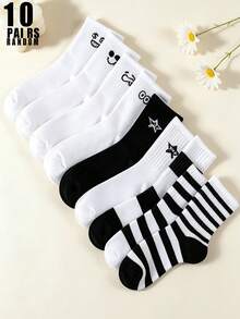 1/3/5/10 Pares de Meias Cano Médio Femininas Estilo Y2K em Cores Aleatórias, Estampa Fofa de Rosto e Estrela, Listradas em Preto e Branco, Tricotadas, Casuais para Escola e Uso Diário, Respiráveis, Alta Elasticidade, para Todas as Estações - Multicolorido - Visão 11