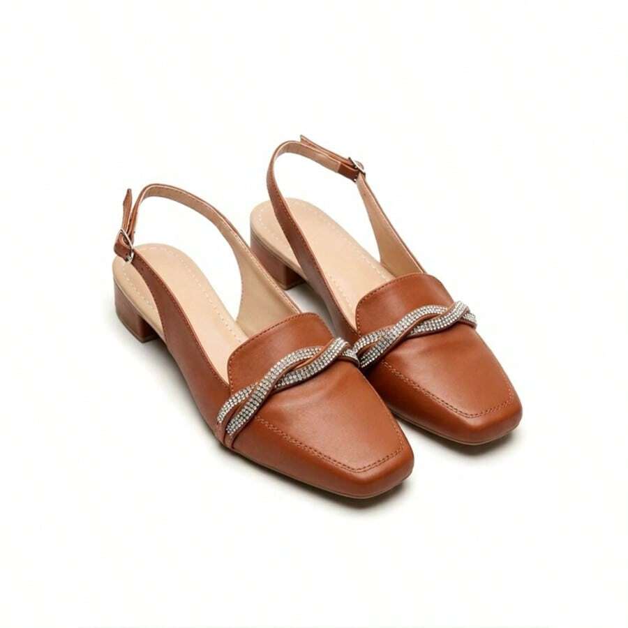 Sapato Feminino Moda Salto Baixo Bloco Slingback Bico Quadrado Strass Brilho Confortável Elegante