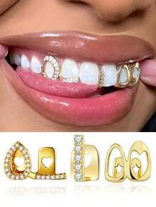 3pcs Zirconia Inlaid Hollow Water Drop Vertical Bar Smooth Hip Hop Side Tooth Decor Set, Suitable For Daily Wear And Halloween Gift - Three-piece Set - View 1