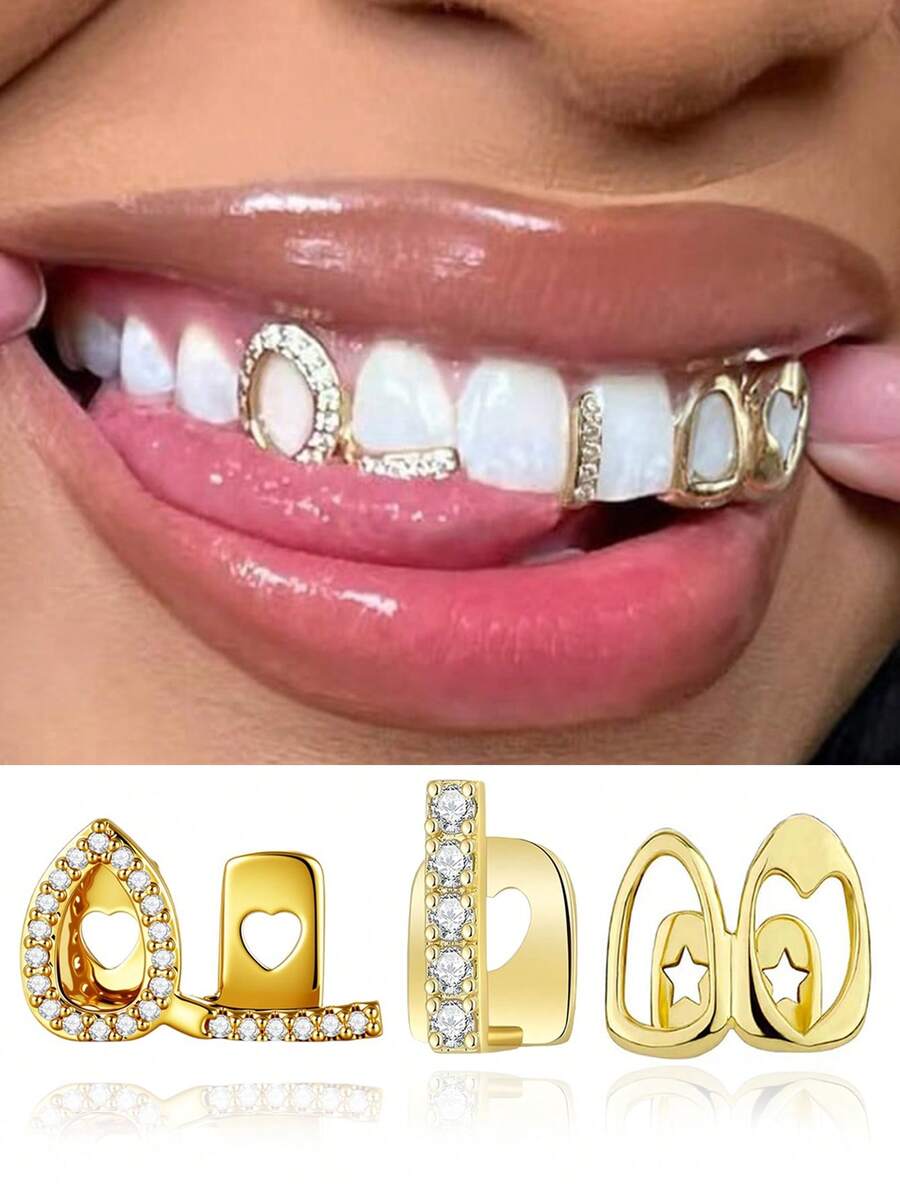 3pcs Zirconia Inlaid Hollow Water Drop Vertical Bar Smooth Hip Hop Side Tooth Decor Set, Suitable For Daily Wear And Halloween Gift - Three-piece Set - View 1