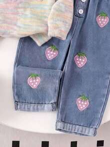 Spring/Autumn Girls Sweet Fashion 2 Pieces Set, Gradient Color Lapel 3D Strawberry Embroidered Faux Two Pieces Top, Fruit Strawberry Embroidered Cuffed Denim Long Pants, Suitable For Daily Casual, Outing Wear - Multicolor - View 5