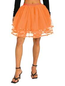 Women Mesh Skirt With Elastic Wide Waist, Solid Color Multi-Layer Structure Summer Clothing - Orange - View 1
