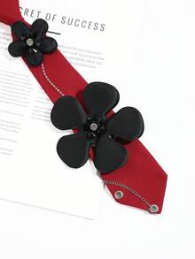 1PC Women's Burgundy 3D Black Flower Rhinestone Chain Tie-Less Bow Tie, Sweet Cool JK School Style Shirt Decorative Bow - Red Background With Black Flowers - View 5