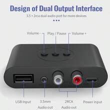 KZ 蓝牙5.2音频接收器，带USB、RCA、3.5mm AUX接口，无线立体声音乐适配器，带麦克风，适用于车载套件、扬声器、功放 - 黑色 - 查看 6