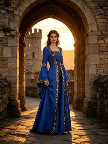 Medieval Vintage Hooded Dress, Square Neck Lace-Up Flare Sleeve Renaissance Maxi Gown With Gold Trim Fall - Blue - View 8