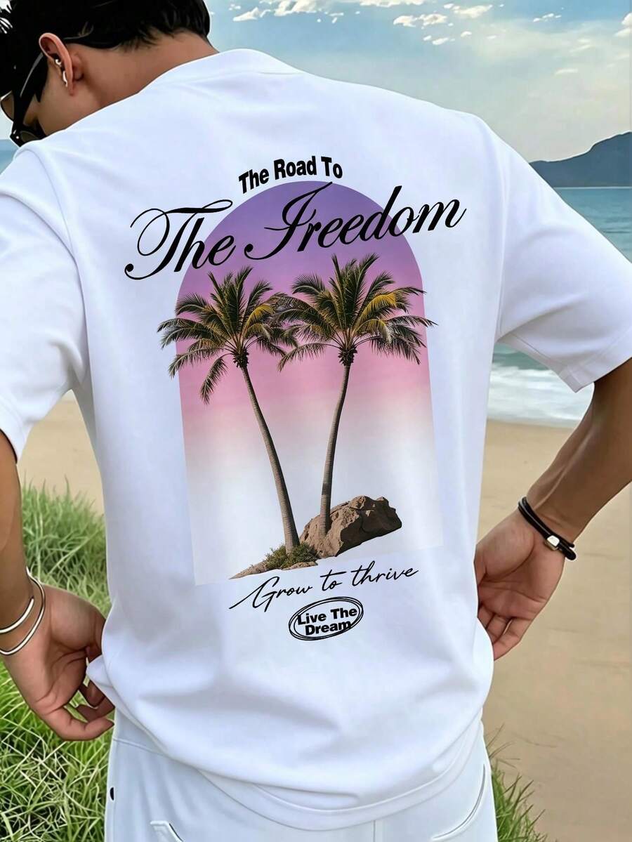 Casual T-shirt för män med ombre-palmträdstryck, rund hals och korta ärmar, sommar - Vitt - Visa 1