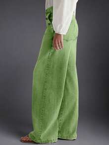 New Women's Multi-Button Wide Leg Casual Jeans - High Quality Denim, Fashionable And Comfortable Spring Fall - Bean Green - View 3