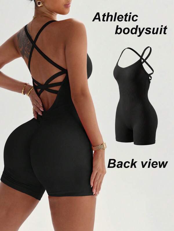 Ribbed Cross Back Athletic Bodysuit Slim Waist Peach Butt Sexy Backless Workout Short Jumpsuit