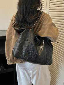 鱷魚壓紋歐美風個性化大容量極簡托特包女款，新款絎縫通勤單肩包 - 黑色 - View 7