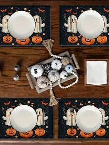 2 piezas Manteles individuales de Halloween con diseño de fantasma, manteles individuales de temporada festiva, adecuados para decoración de fiesta, cocina y comedor, manteles individuales de Halloween estilo granja para decoración de mesa de comedor interior, reuniones en el hogar, adecuados para mesa de comedor de cocina interior/exterior, manteles individuales lavables - Q - Ver 4