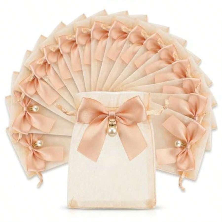 [MALFY] オーガンジー 巾着 20枚セット 10×15ｃｍ リボン パール付きアクセサリー ラッピング袋 半透明 ギフトラッピング 小物収納 ピアス ネックレス用 ハンドメイド梱包袋 プレゼント袋お菓子  ラッピング袋 - 写真のように - チェックする 1