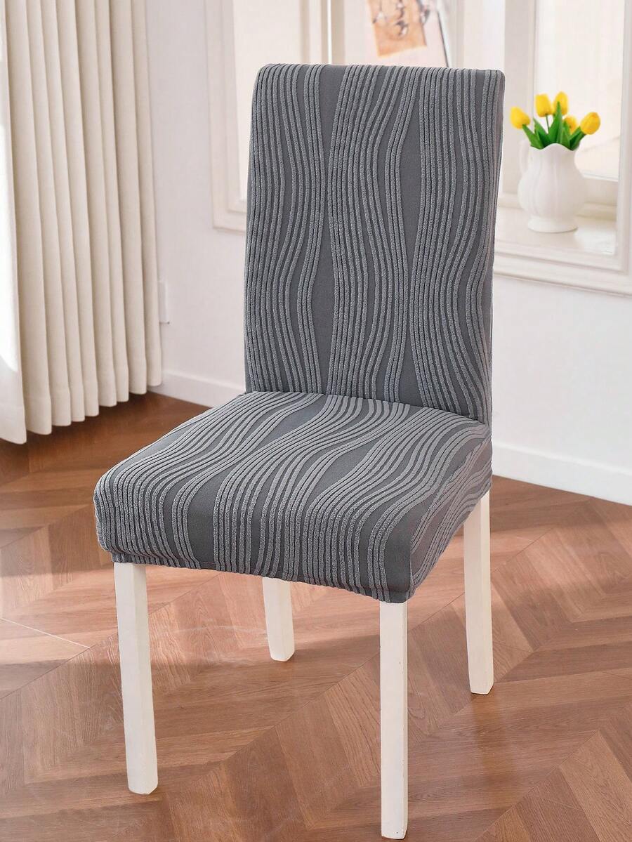 1/2/4/6pcs Jacquard Elastic Dining Chair Cover Set, Dark Color Full Coverage Stretchable Chair Slipcovers, Washable Soft Fleece Chair Protector, Suitable For Kitchen, Dining Room, Party, Wedding - Grey - View 1