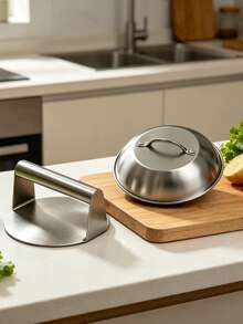 2pcs Cookware Lid/Meat Press Combo Set, Suitable For Kitchen Cooking, Kitchen Burger Making Tool, Cookware Lid For Cheese Melting, Meat Press For Pressing Meat Patties, Convenient For Stall Owners, Kitchen Supplies, Holiday Gatherings, BBQ, Roasting, Insulation Cover, Baking Tools, High-Quality S304 Stainless Steel Material, Suitable For Holiday Gifts, Thanksgiving, Halloween, Christmas, Including Housewarming Gifts. - Silver - View 1