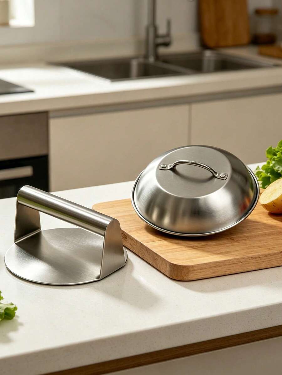 2pcs Cookware Lid/Meat Press Combo Set, Suitable For Kitchen Cooking, Kitchen Burger Making Tool, Cookware Lid For Cheese Melting, Meat Press For Pressing Meat Patties, Convenient For Stall Owners, Kitchen Supplies, Holiday Gatherings, BBQ, Roasting, Insulation Cover, Baking Tools, High-Quality S304 Stainless Steel Material, Suitable For Holiday Gifts, Thanksgiving, Halloween, Christmas, Including Housewarming Gifts. - Silver - View 1
