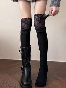 1/2 Pasang Kaos Kaki Wanita Warna Hitam & Putih Polos Model Balet dengan Pita Renda, Panjang Hingga Lutut - MultiWarna - View 8
