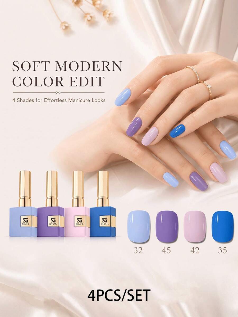 Kit de Esmalte em Gel GMUME com 4 Peças. Coleção Azul-Roxo Sonhadora 032, 045, 042, 035 Conjunto de Gel para Unhas UV/LED Soak-Off. Frascos Combinando Cores, 16 Ml (0,54 Fl Oz). Qualidade de Salão, Uso Doméstico, Longa Duração, Resistente a Lascas, Arte de Unhas, Manicure DIY em Casa
