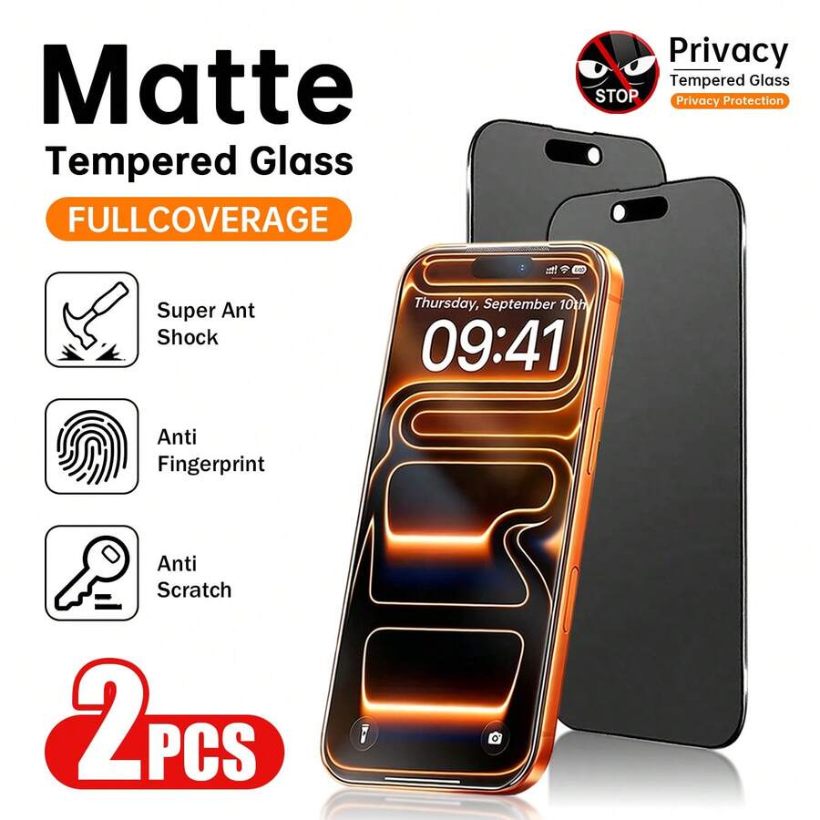 XINHONGYU 2pcs 6.3 Inch 18Pro/18Pro Max/ 17 Pro Max 16 Pro Full Coverage Matte Privacy Anti-Peeping Tempered Glass Screen Protector, 9H Hardness, Anti-Fingerprint, Anti-Reflection, Anti-Glare, Smooth Touch, Anti-Scratch, Easy Installation - Black - View 1