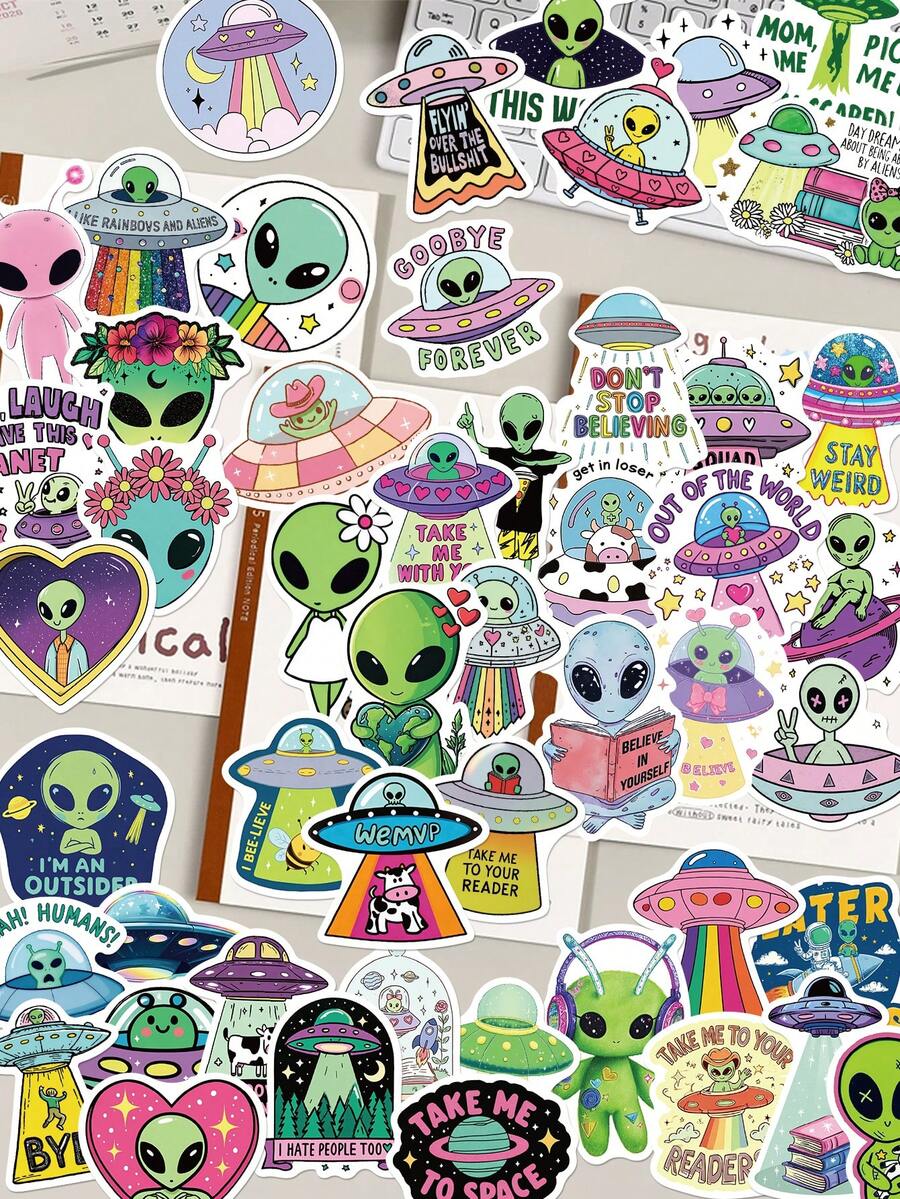 54 piezas de pegatinas creativas y resistentes al agua con diseño de alienígenas para decorar portátil, guitarra, refrigerador, equipaje, teléfono, patineta, álbum de recortes, funda de teléfono, regalos de fiesta de cumpleaños, regalos festivos y útiles escolares - 1 Set - Ver 1