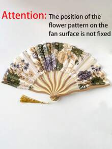 1件/2件/5件裝 中式木製摺扇 手持摺扇 教堂婚禮禮物復古家居裝飾 手拿扇，復古花卉流蘇手持摺扇 女款派對中式舞用布面摺扇 - 米色 - 查看 12