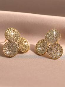 1 Pair Fashion Gold Three-Ring Clover Cubic Zirconia Stud Earrings For Women, Wedding Birthday Anniversary Gift, Daily Decor Copper Earrings - Yellow Gold - View 7