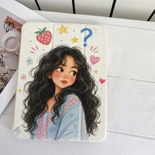 蠟筆素描捲髮女孩草莓愛心星星問號花卉圖案平板保護殼，附筆槽，相容 iPad 10代 10.9 吋 2022 智慧保護殼/Air 13(M3 2025)/Air 11(M3 2025)/11(A16 2025)/相容 Galaxy S9/S7/S10+/相容 Galaxy Tab S6 Lite 10.25 吋/相容 MatePad - 彩色 - 查看 5