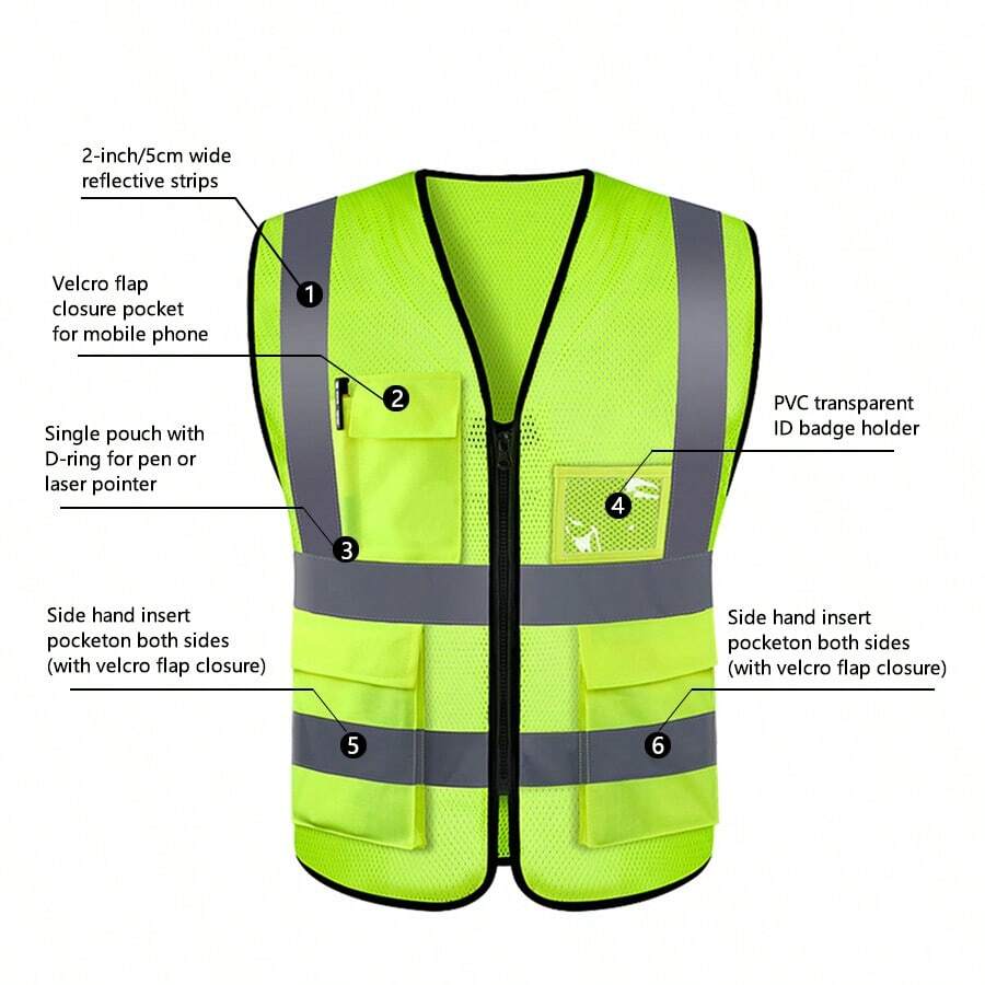 Reflective Safety Vest With Pockets And High Visibility, Suitable For Traffic, Nighttime Construction, Outdoor Running, Cycling, And Sports. - Lime Green - View 1