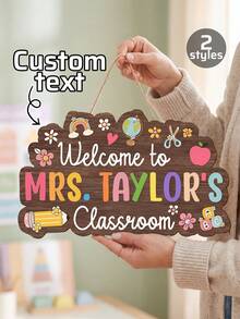 1pc Personalized Teacher Classroom Door Sign, Custom Wooden Hanging Door Hanger, 2D Welcome Sign, Welcome To Teacher Classroom Decor Gift, Gift For Teacher,Personalized Gifts, Back To School Gifts - Multicolor - View 3