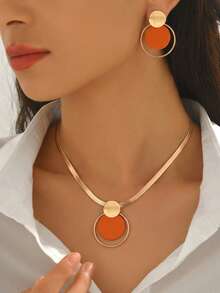 2pcs/Set Creative Personalized Necklace & Earrings Jewelry Set For Women, Fashion Metal Style, Geometric Brushed Round Disc Hollow Circle Layered Design Pendant Necklace, Orange & Gold Contrast Color, Minimalist Elegant Style, Spring/Summer Outfit, Autumn/Winter Matching, Daily, Party, Gathering, Middle Eastern Style, Wedding Season Wear, Holiday Gift For Best Friend/Girlfriend - Multicolor - View 3