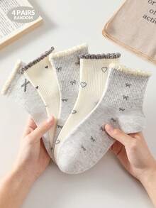 4 pares de calcetines de media caña para mujer con patrón de lazo y corazón, transpirables y cómodos, color aleatorio, adecuados para uso diario y salidas, estilo para todas las estaciones - Multicolor - Ver 9